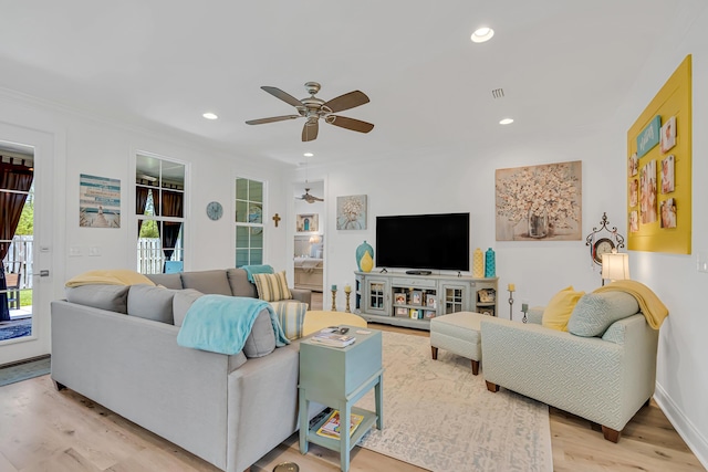 101 Windrow Way Lot 255, Watersound, FL 32461 - living room with ceiling fan, light wood-style floors, recessed lighting, and ornamental molding