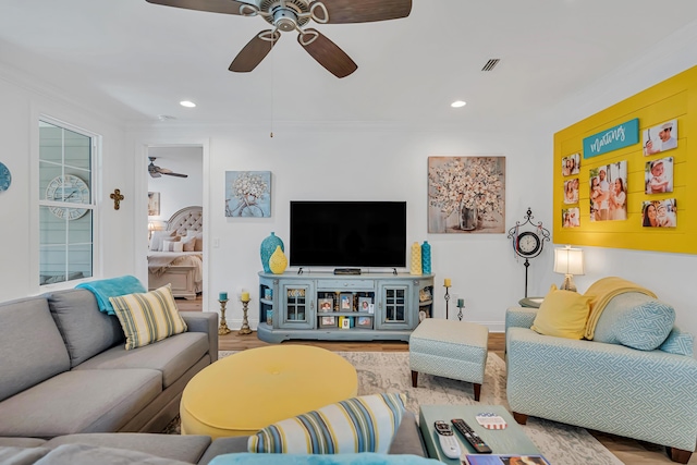 101 Windrow Way Lot 255, Watersound, FL 32461 - living area with ceiling fan, wood finished floors, ornamental molding, baseboards, and recessed lighting