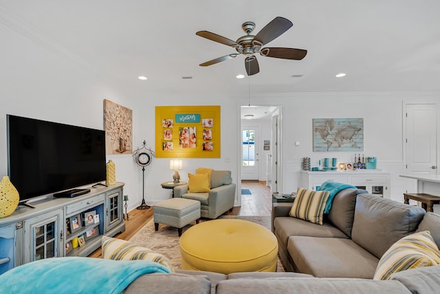 101 Windrow Way Lot 255, Watersound, FL 32461 - living area with light wood finished floors, a ceiling fan, ornamental molding, recessed lighting, and baseboards