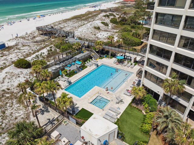 bird's eye view of extended coastline and a pool