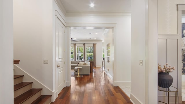 3208 Magnolia Islands Blvd, Panama City Beach, FL 32408 - hallway featuring ornamental molding, hardwood / wood-style flooring, baseboards, stairs, and recessed lighting