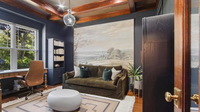 3208 Magnolia Islands Blvd, Panama City Beach, FL 32408 - sitting room with coffered ceiling, wood finished floors, a desk, and beam ceiling
