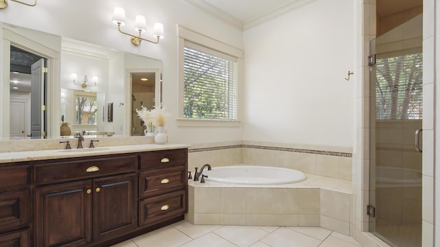 3208 Magnolia Islands Blvd, Panama City Beach, FL 32408 - bathroom featuring a bath, vanity, plenty of natural light, a shower stall, and ornamental molding