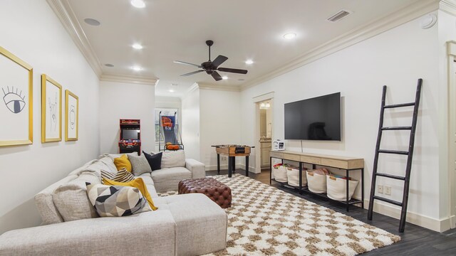 3208 Magnolia Islands Blvd, Panama City Beach, FL 32408 - living room with dark wood-style floors, crown molding, baseboards, a ceiling fan, and recessed lighting