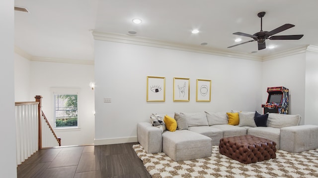 3208 Magnolia Islands Blvd, Panama City Beach, FL 32408 - living area with crown molding, a ceiling fan, dark wood-type flooring, recessed lighting, and baseboards