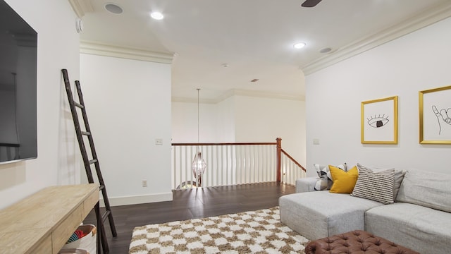 3208 Magnolia Islands Blvd, Panama City Beach, FL 32408 - living area with dark wood-type flooring, crown molding, an upstairs landing, a ceiling fan, and recessed lighting