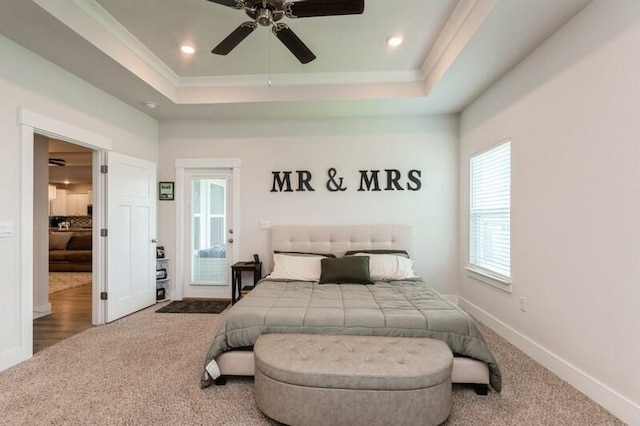 514 Mary Lou Way, Crestview, FL 32539 - carpeted bedroom with a tray ceiling, crown molding, baseboards, recessed lighting, and a ceiling fan