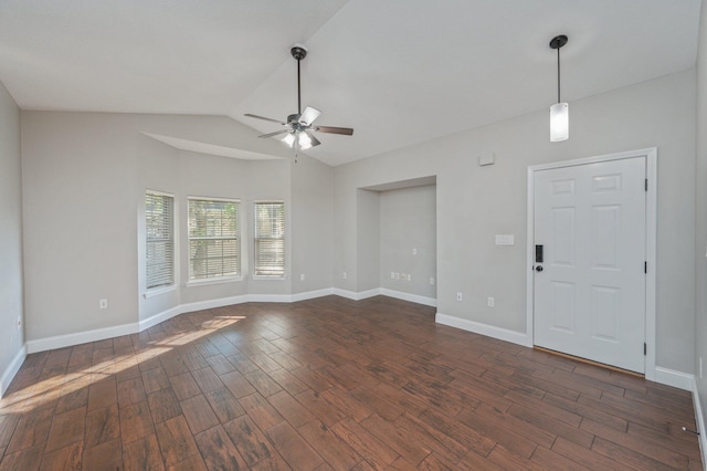 1501 N Partin Dr Unit 264, Niceville, FL 32578 - unfurnished living room with ceiling fan, dark wood finished floors, lofted ceiling, and baseboards