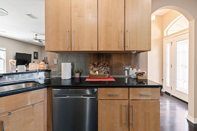 1961 Chesapeake Rdg, Fort Walton Beach, FL 32547 - kitchen featuring stainless steel dishwasher, arched walkways, ceiling fan, dark wood-type flooring, and backsplash