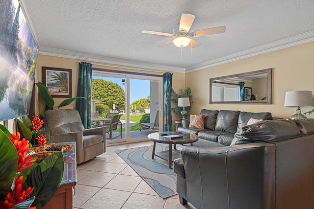 living room featuring crown molding, ceiling fan, a textured ceiling, and light tile patterned flooring