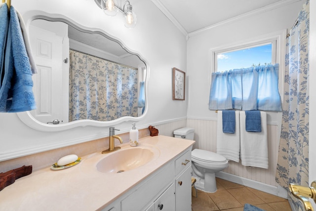 197 Country Club Rd, Shalimar, FL 32579 - bathroom with ornamental molding, tile patterned flooring, vanity, a wainscoted wall, and toilet