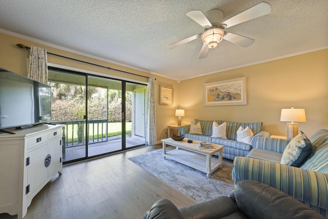3755 Scenic Highway 98 Unit 1601, Destin, FL 32541 - living room with ornamental molding, wood finished floors, a textured ceiling, and ceiling fan