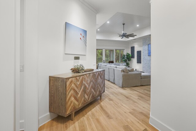1807 Lost Cove Ct, Panama City Beach, FL 32413 - living area with light wood-style flooring, ornamental molding, ceiling fan, baseboards, and recessed lighting