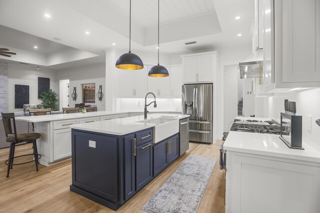 1807 Lost Cove Ct, Panama City Beach, FL 32413 - kitchen with a raised ceiling, stainless steel appliances, blue cabinetry, a sink, and white cabinetry