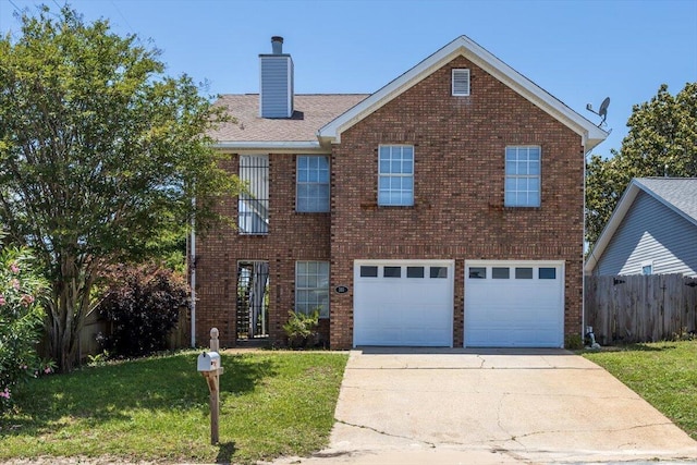 view of front of house featuring concrete driveway, a chimney, a garage, and brick siding
