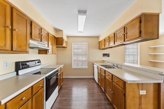kitchen with electric stove, under cabinet range hood, a sink, white dishwasher, and plenty of natural light