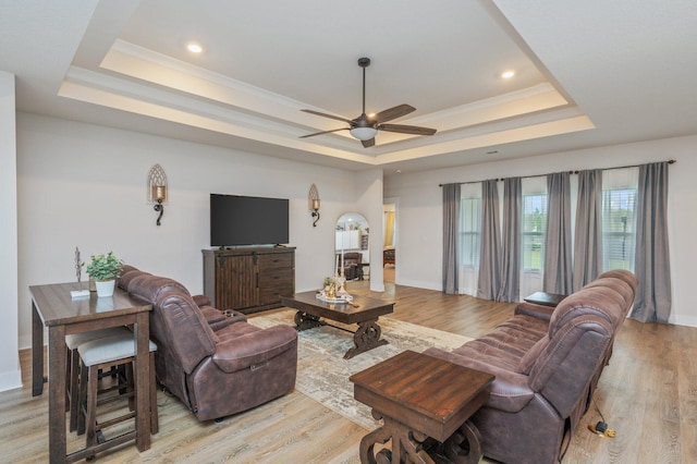 602 Champ Trl, Crestview, FL 32539 - living area featuring a raised ceiling, a ceiling fan, light wood-style flooring, recessed lighting, and baseboards