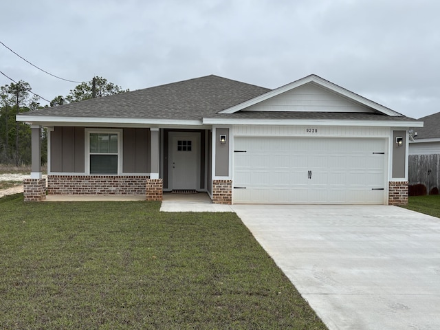 single story home featuring brick siding, roof with shingles, a garage, and board and batten siding