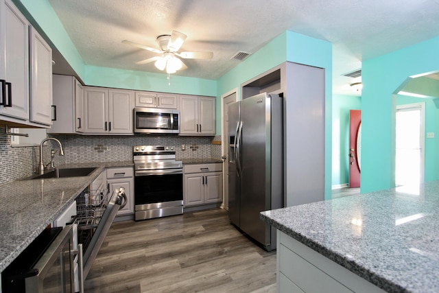 3961 Painter Branch Rd, Crestview, FL 32539 - kitchen with stainless steel appliances, a sink, tasteful backsplash, a ceiling fan, and wood finished floors