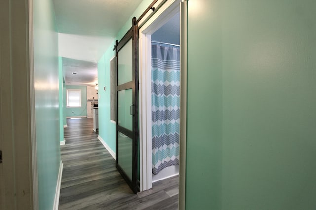 3961 Painter Branch Rd, Crestview, FL 32539 - hallway featuring dark wood-style floors, a barn door, and baseboards
