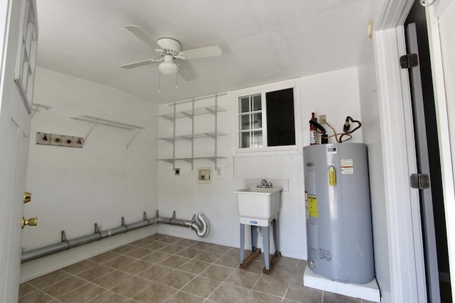 3961 Painter Branch Rd, Crestview, FL 32539 - laundry room with water heater, hookup for a washing machine, ceiling fan, and tile patterned flooring