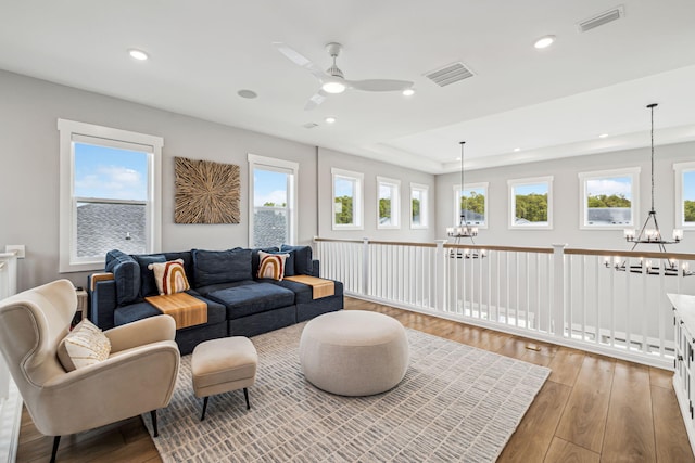 1926 Pathways Dr, Inlet Beach, FL 32461 - living room featuring a chandelier, hardwood / wood-style floors, plenty of natural light, recessed lighting, and ceiling fan