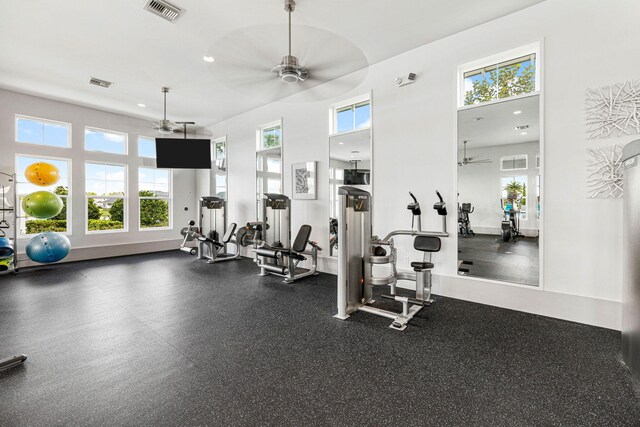 1926 Pathways Dr, Inlet Beach, FL 32461 - exercise room featuring a ceiling fan, plenty of natural light, a high ceiling, and recessed lighting