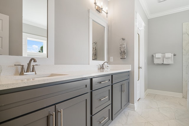 410 Coastal Breeze Dr, Freeport, FL 32439 - full bath featuring ornamental molding, marble finish floors, double vanity, and baseboards