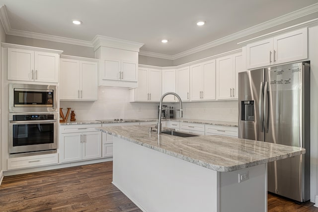410 Coastal Breeze Dr, Freeport, FL 32439 - kitchen featuring stainless steel appliances, a sink, white cabinets, crown molding, and dark wood finished floors