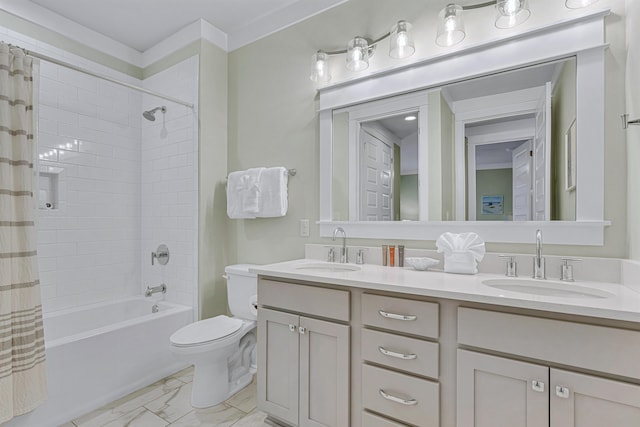 full bathroom featuring toilet, shower / bath combination with curtain, double vanity, and marble look tiles