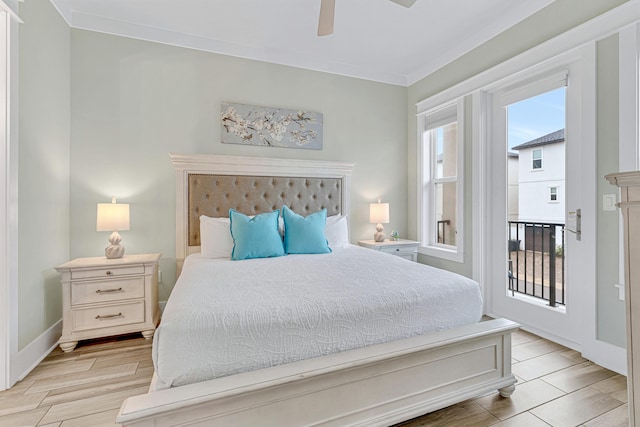 bedroom with light wood-type flooring, a ceiling fan, baseboards, and access to outside