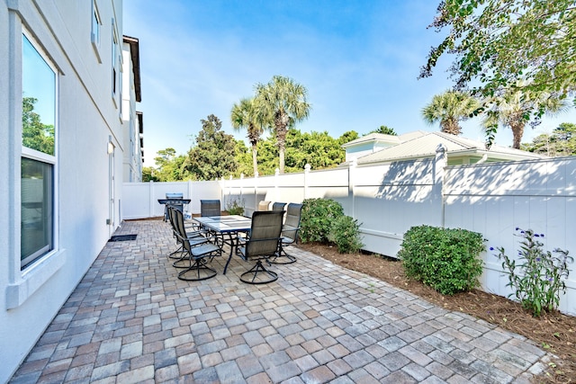 view of patio with a fenced backyard and outdoor dining area