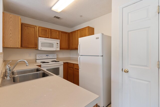 282 Swaying Pine Ct, Crestview, FL 32539 - kitchen with white appliances, a sink, light countertops, a textured ceiling, and brown cabinets