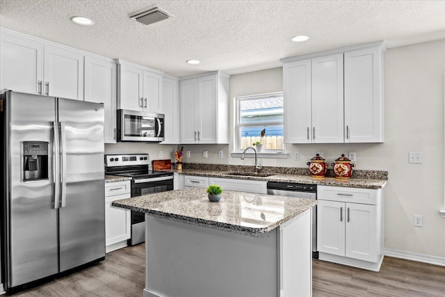 3163 Haskell Langley Rd, Crestview, FL 32539 - kitchen featuring appliances with stainless steel finishes, a sink, wood finished floors, light stone counters, and recessed lighting