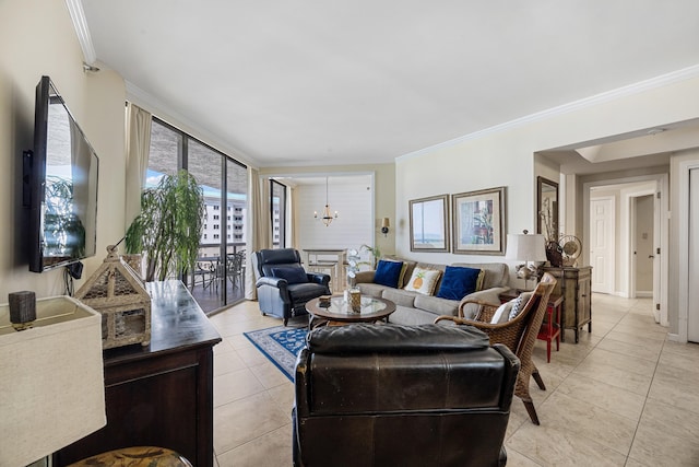 1096 Scenic Gulf Dr Unit 606, Miramar Beach, FL 32550 - living room with light tile patterned floors, ornamental molding, and a chandelier