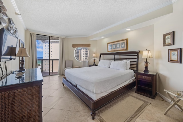 1096 Scenic Gulf Dr Unit 606, Miramar Beach, FL 32550 - bedroom featuring a textured ceiling, ornamental molding, light tile patterned floors, access to outside, and baseboards