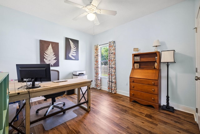 office featuring baseboards, wood finished floors, and ceiling fan