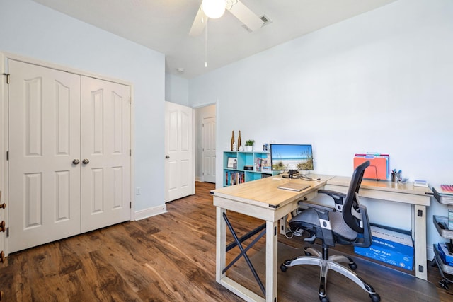 office area with wood finished floors and a ceiling fan