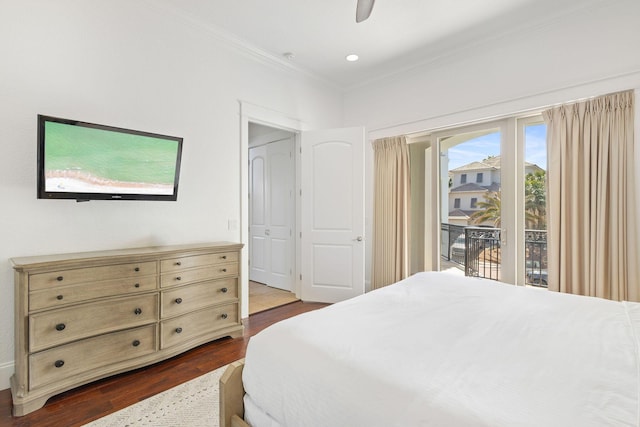 4782 Ocean Blvd, Destin, FL 32541 - bedroom with dark wood-style flooring, access to outside, ornamental molding, a ceiling fan, and recessed lighting