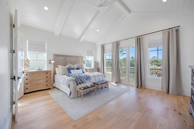 180 Bayou Edge Lndg, Santa Rosa Beach, FL 32459 - bedroom with access to exterior, light wood finished floors, beamed ceiling, high vaulted ceiling, and recessed lighting