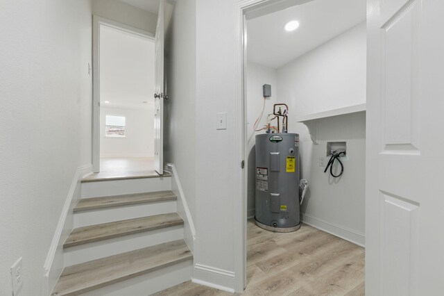 20 NW Higdon Ct, Fort Walton Beach, FL 32547 - staircase featuring water heater, wood finished floors, and baseboards