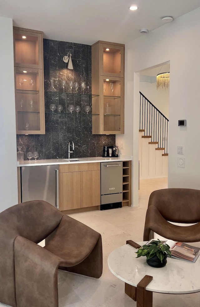 238 Sand Oaks Cir, Santa Rosa Beach, FL 32459 - indoor wet bar featuring appliances with stainless steel finishes, backsplash, stairway, and recessed lighting