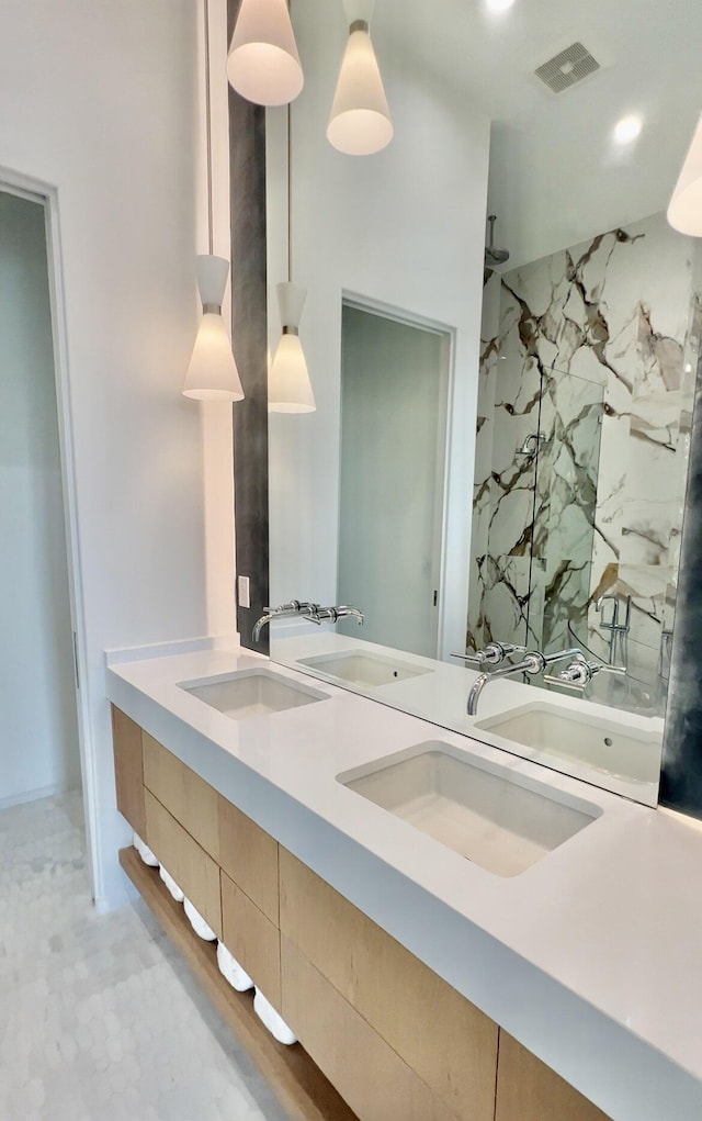 238 Sand Oaks Cir, Santa Rosa Beach, FL 32459 - full bath featuring a marble finish shower, double vanity, and recessed lighting