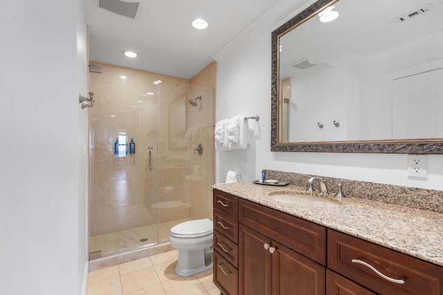 10 Harbor Blvd Unit E409, Destin, FL 32541 - bathroom featuring vanity, a stall shower, toilet, tile patterned floors, and recessed lighting