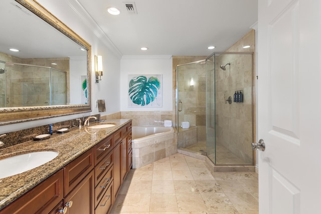 10 Harbor Blvd Unit E409, Destin, FL 32541 - full bathroom featuring a garden tub, a shower stall, double vanity, crown molding, and recessed lighting