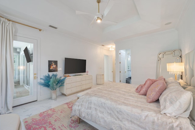 6290 Augusta Cv, Destin, FL 32541 - bedroom with ornamental molding, marble look tile flooring, ceiling fan, and ensuite bathroom