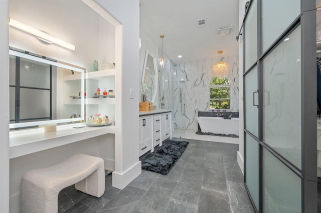 6290 Augusta Cv, Destin, FL 32541 - bathroom featuring vanity, a freestanding bath, marble finish flooring, a marble finish shower, and recessed lighting