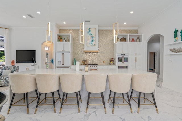 6290 Augusta Cv, Destin, FL 32541 - kitchen with crown molding, arched walkways, light marble finish flooring, white appliances, and open shelves