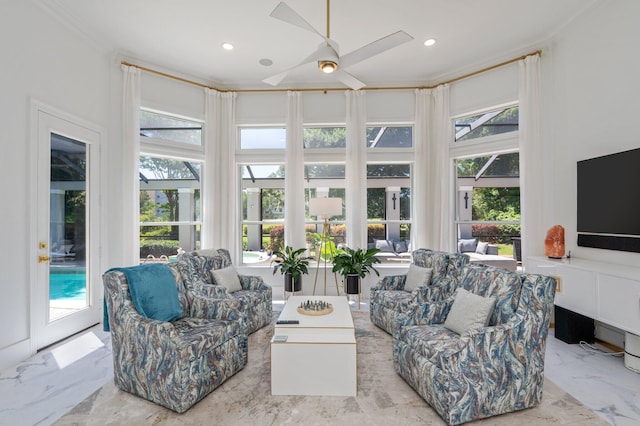 6290 Augusta Cv, Destin, FL 32541 - living area featuring ceiling fan, ornamental molding, recessed lighting, and marble finish flooring
