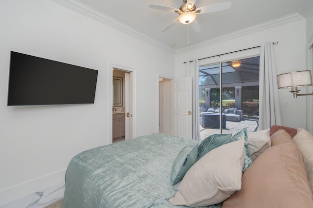 6290 Augusta Cv, Destin, FL 32541 - bedroom featuring access to exterior, crown molding, and a ceiling fan